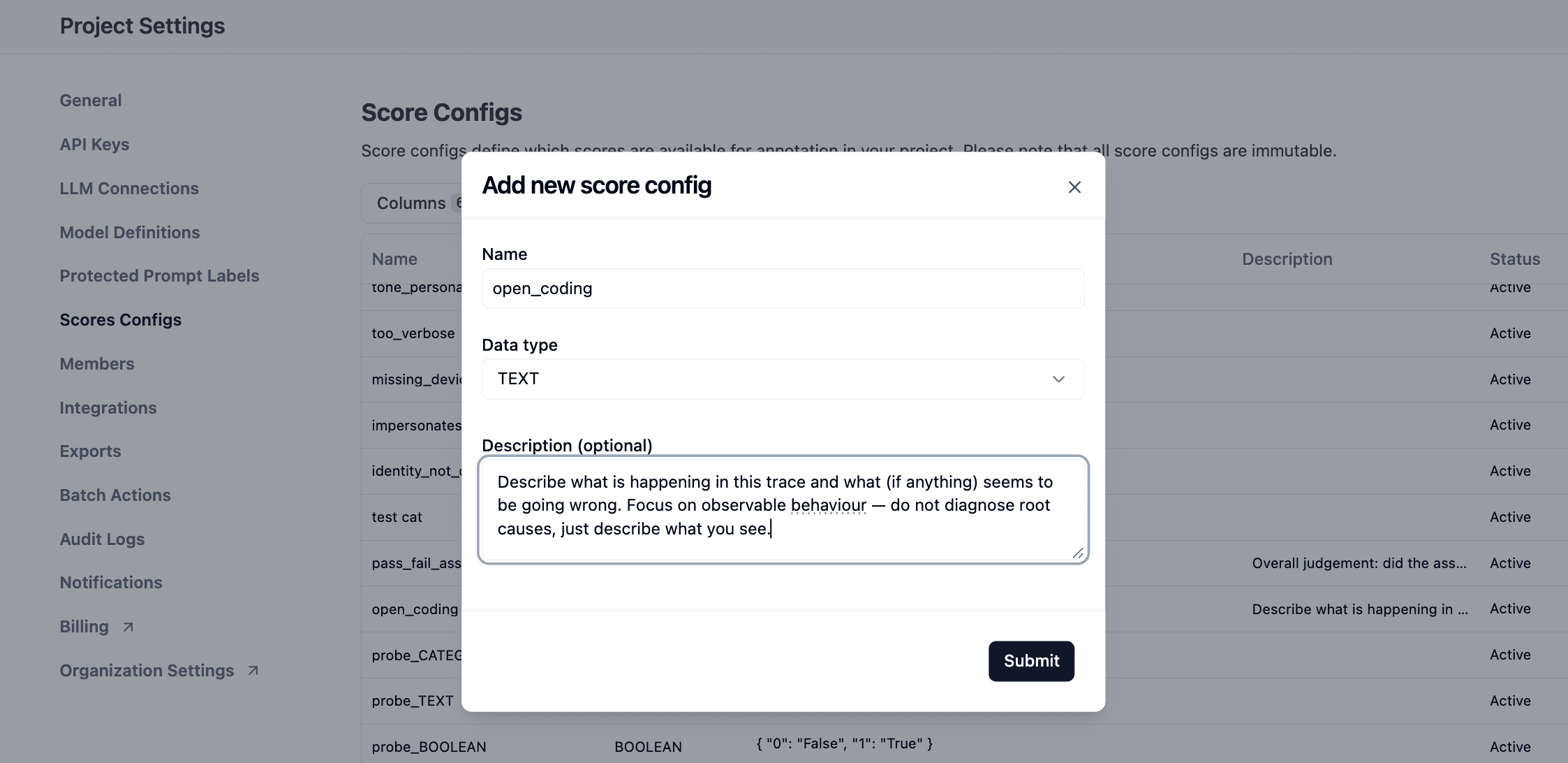 Score config creation form